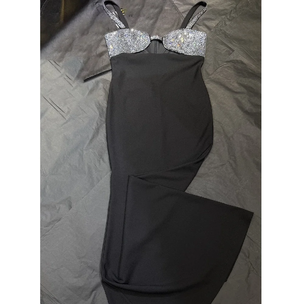 2026 Winter Women's Sexy Slip Dress with Rhinestones and Corset, Women's Black Dress, Y2K New High-Quality Party Bodysuit bra