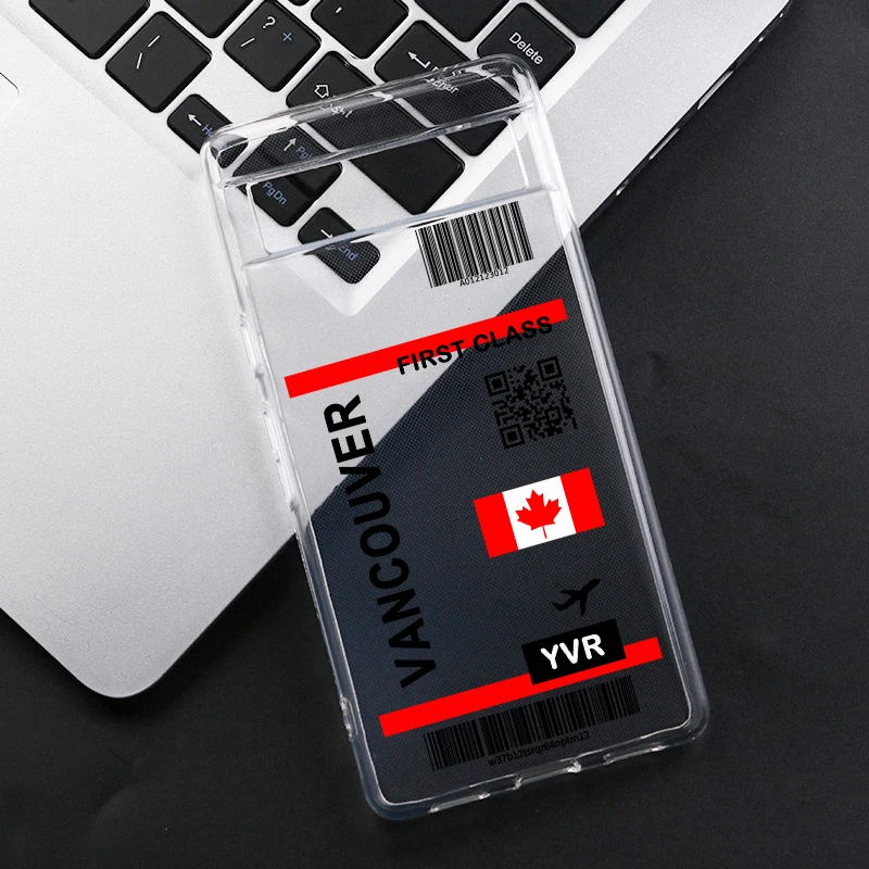 Hot World City Travel Ticket Label Phone Case For Google Pixel 9 Pro XL 8A 8 7 6A 5G Bar Code Transparent Soft Covers Fundas