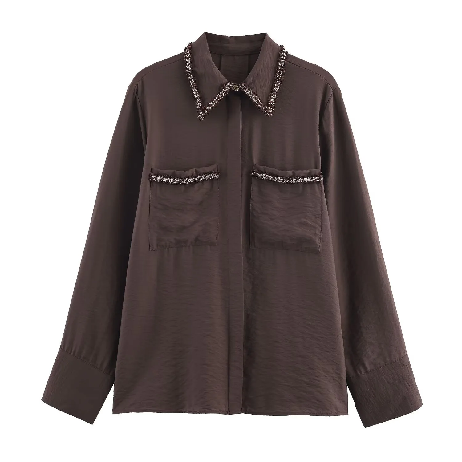 European and American style 2025 winter new product women's clothing design sense lapel long sleeved trimmed construction shirt