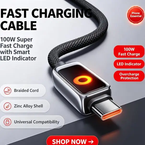PD 100W Smart Auto Power‑Off Data Cable Zinc Alloy Braided Fast Charging Cord Real‑Time Battery Monitor Overcharge Protection
