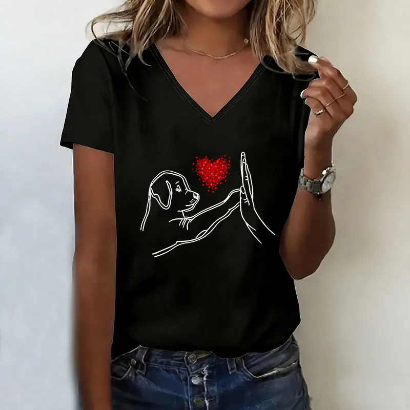 Summer Spring Funny Dog & Hand Love Print T-shirt V Neck Casual Fashion Cute T Shirts Women Short Sleeve Tee Shirt V-Neck Tops