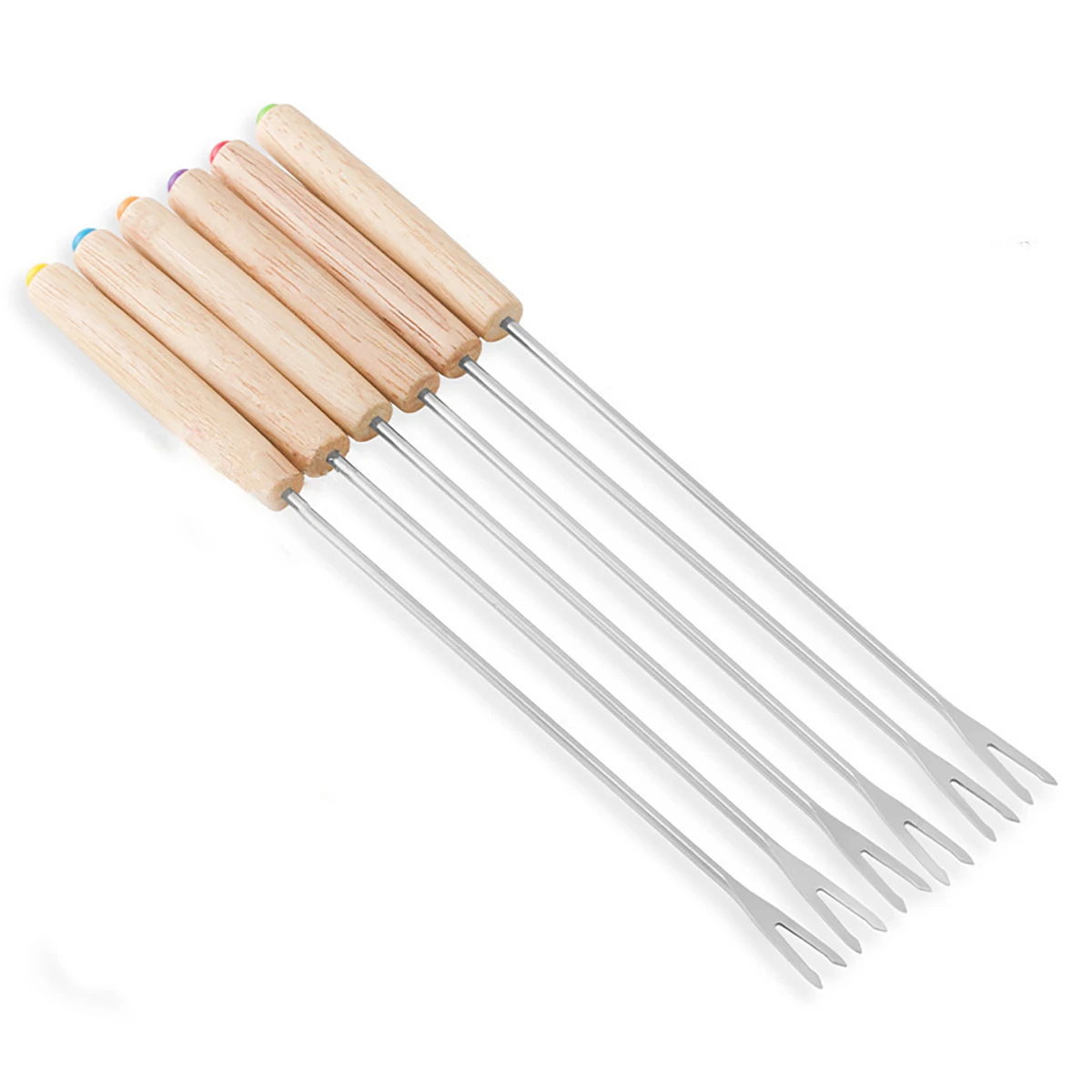 6pcs/set Stainless Steel Wooden Handle Fruit Fork Cheese Hot Pot Fork Cake Fork Kitchen Gadget