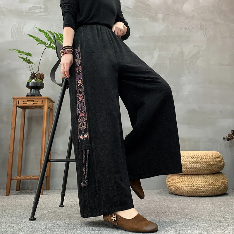 Calças Es de Linho de Aodão Bordadas com Pernas Largas para Mulheres, Calças Casuais de Cintura Alta, Estilo Novo Co...