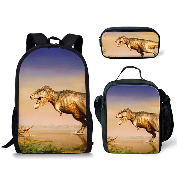 Ransel cetakan dinosaurus keren untuk anak-anak laki-laki perempuan 3 buah Set tas sekolah perlengkapan siswa remaja tas buku dengan tas pensil untuk makan siang