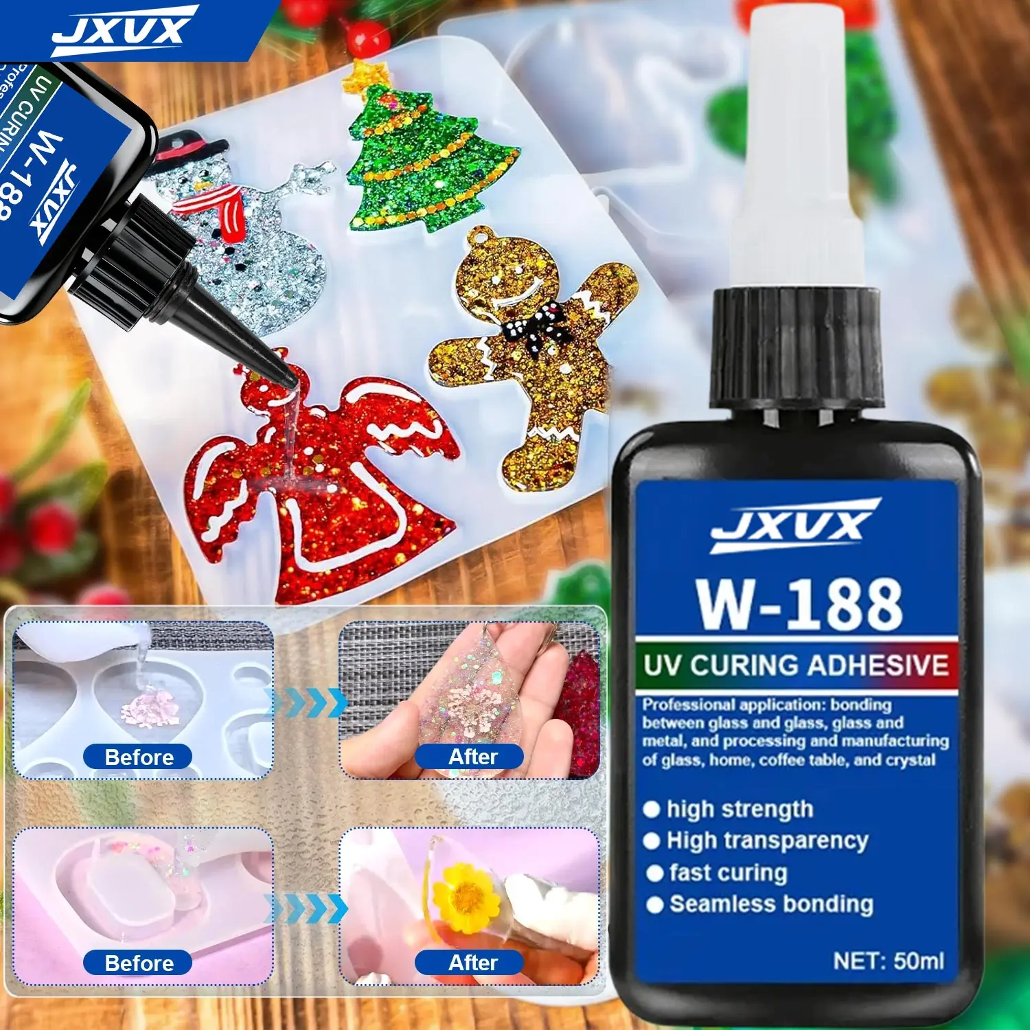50 ml de pegamento de resina UV W188 para joyería DIY, resina epoxi para lámpara UV, alta transparencia, secado rápido, alta dureza, decoraciones navideñas, modelos DIY.