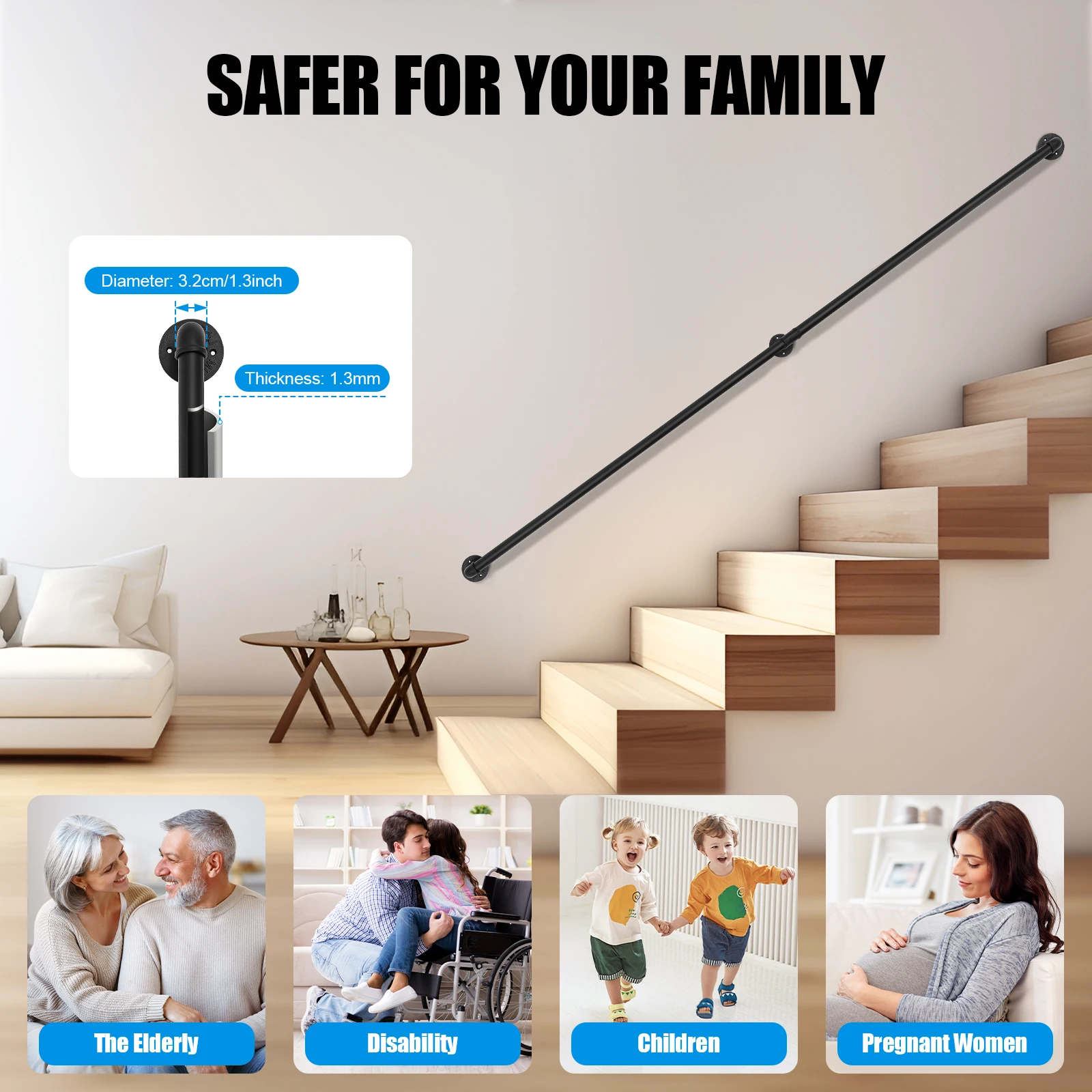 

12ft Handrails for Stairs, Galvanized Industrial Pipe Railing Indoor Pipe Stair Railing with Wall Mount Support, Round Corner