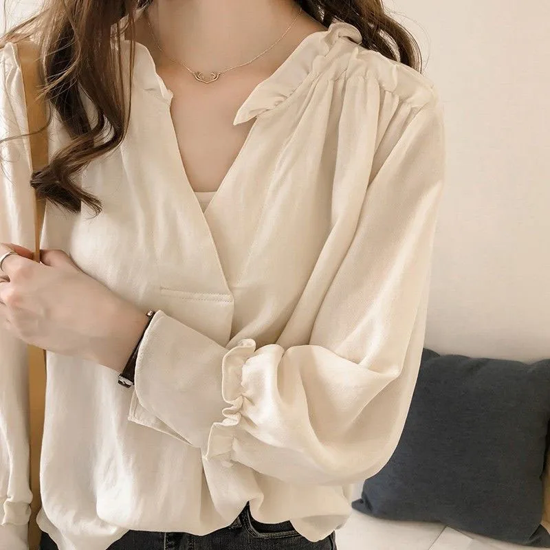

Shirts Women Trendy Spring Elegant Solid Clothing Top Chic Womens Ruffles Loose Female Blouses Sweet Shirt New Hot Sale Soft Ins