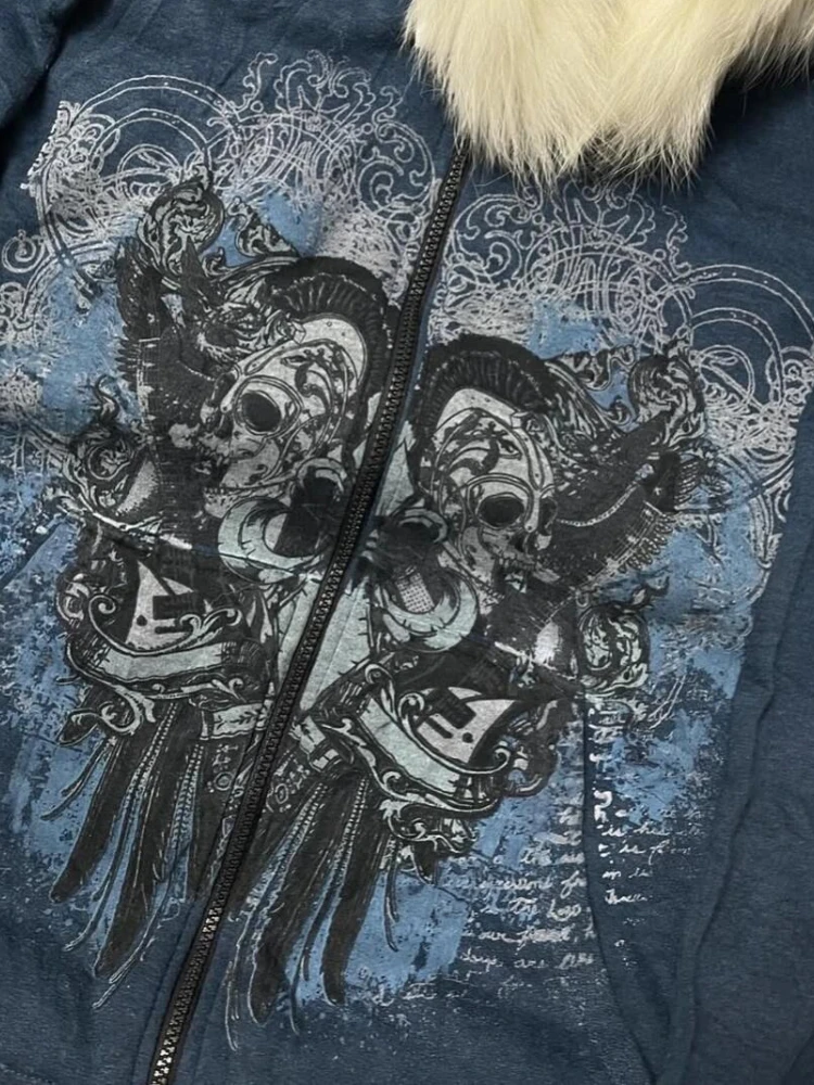 Americká retro Y2k Harajuku Spice Girls mikina s kapucí pro ženy volný dlouhý rukáv lebky kožešinový límec zip kabát vintage ležérní elegantní topy - náhled 6