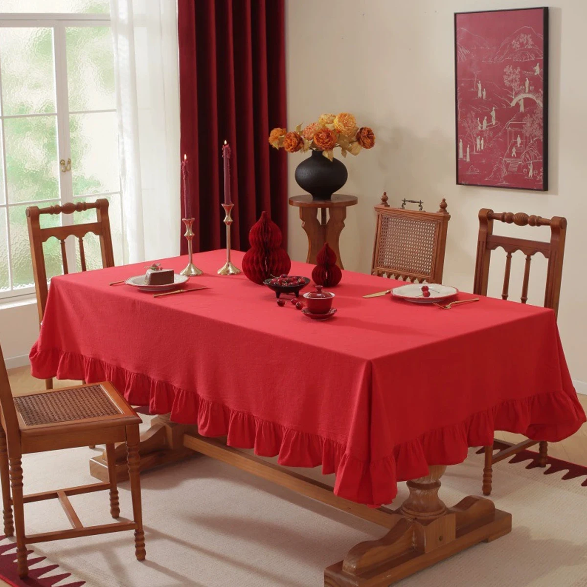 Christmas Solid Color Ruffled Tablecloth, Reusable, Suitable For Decorating Tablecloths During Holidays, Weddings, And Parties