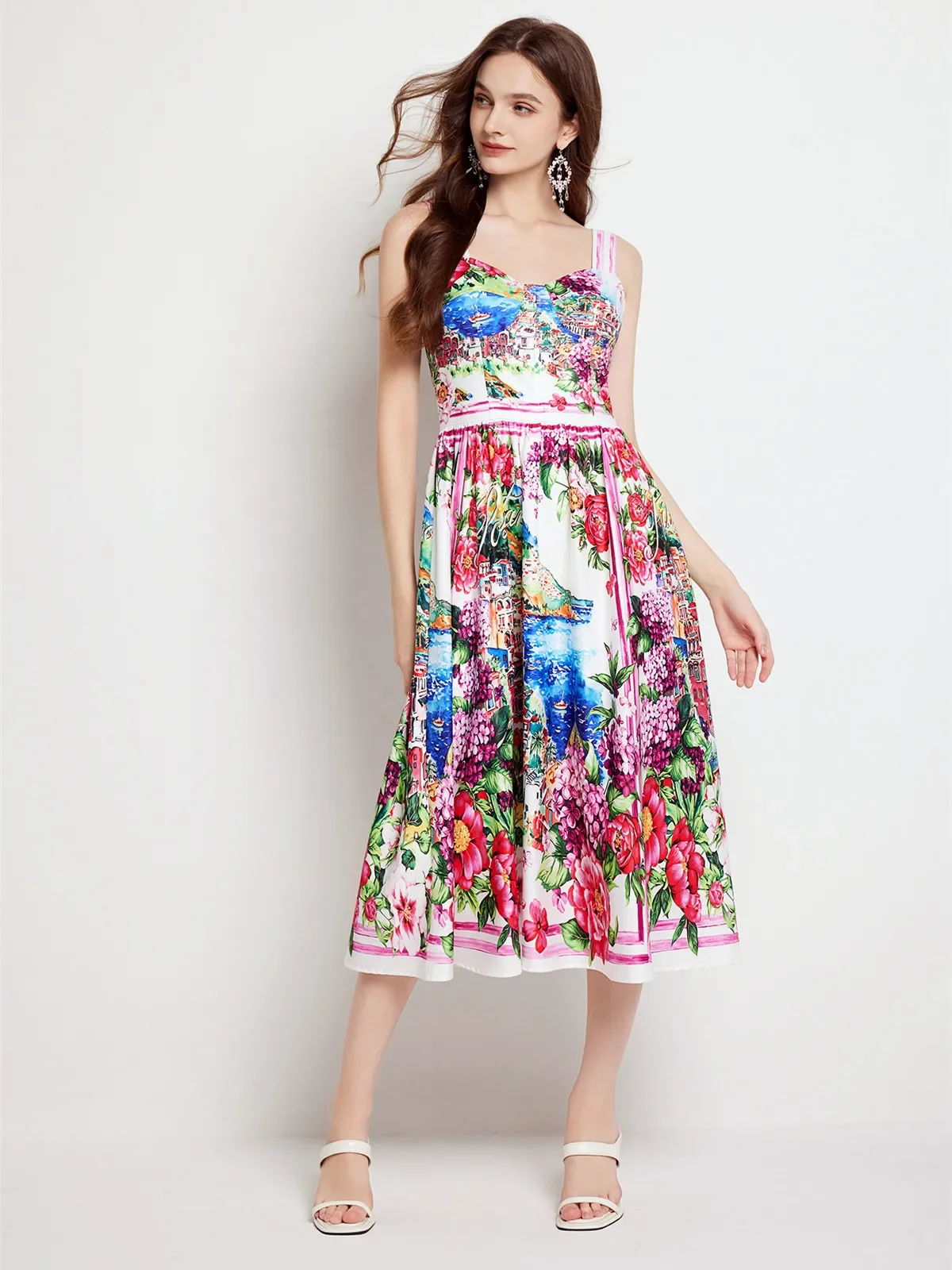 Zomervakantie Runway Bloem Midi Prom Jurk Vrouwen Elastische Sexy Backless Bandjes Empire Print Zonnejurk Party Vestidos