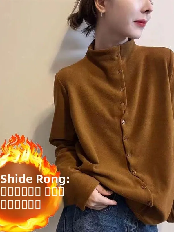 

Women's Stand Collar Long Sve Thiened Velvet Base irt Faionable Color Autumn Winter New Sle Korean Version