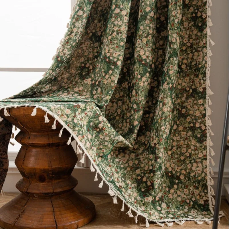 French Retro Style Semi-Blackout Green Monet Oil Painting Thickened Fresh Curtains for Living Dining Room Bedroom Luxury Drapes