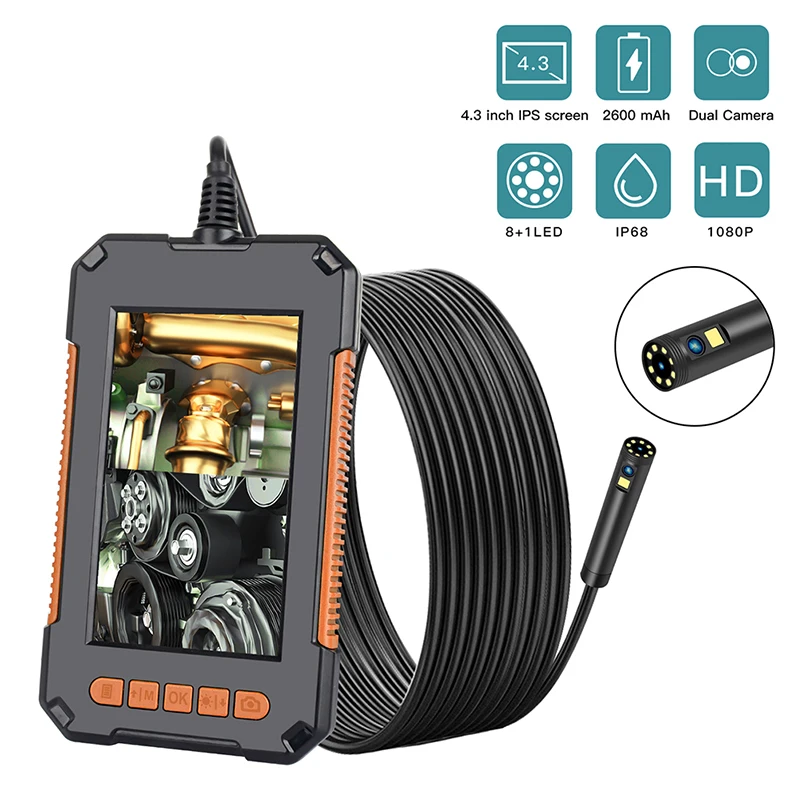 Dual Lens Industrial Endoscope 1080P Digital Borescope Inspection Camera Sewer Camera with 4.3