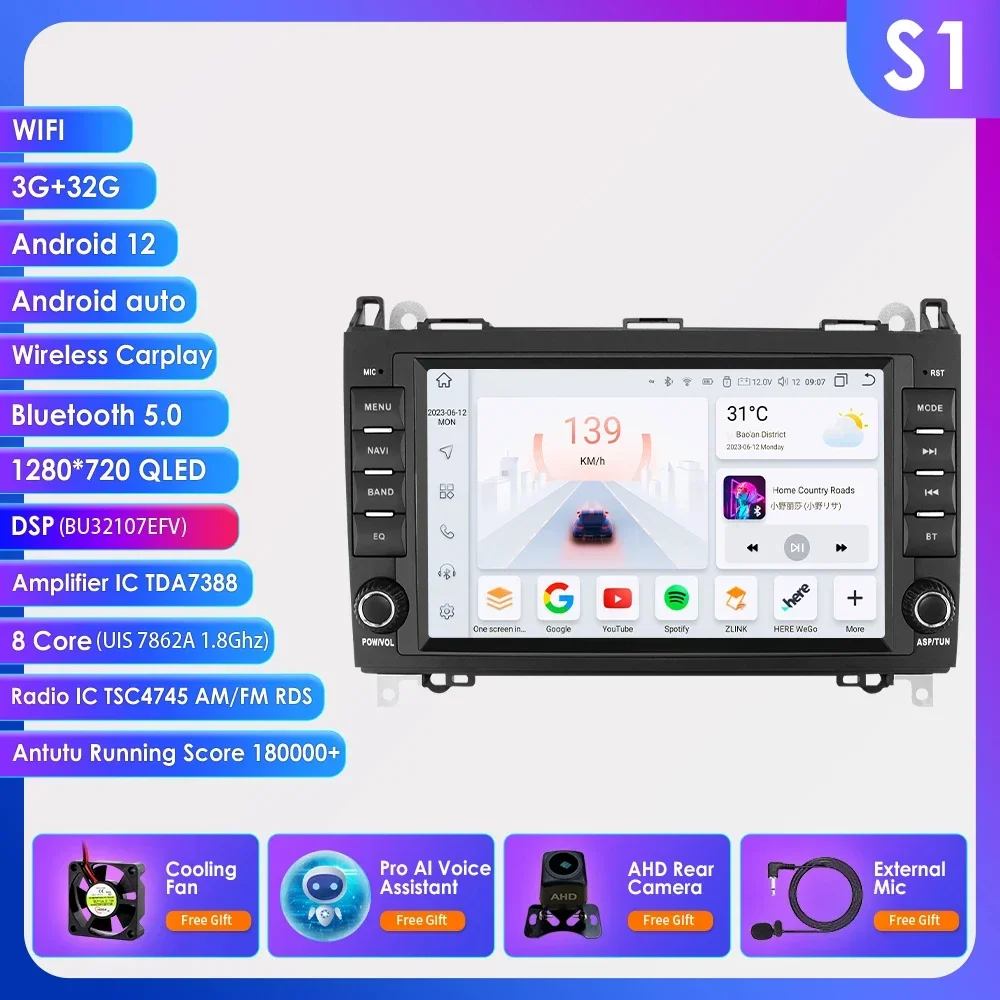 Ai Carplay Android12 Autoradio Stereo Multimedia Speler Voor Mercedes-Benz A-B-V-Klasse B200 W169 W245 W639 W906 Sprinter Gps Navi