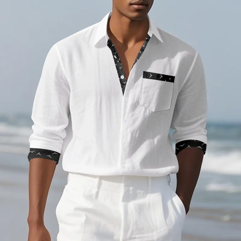 Outono e inverno novo linho de manga comprida camisa masculina simples impresso lapela casual topo masculino