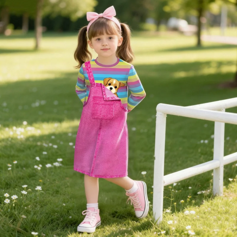 

2025 New Style Girls' Sweet Puppy Print - Imitation Denim Stripe Fake Two-Piece Dress - Suitable for Daily Wear or Outings