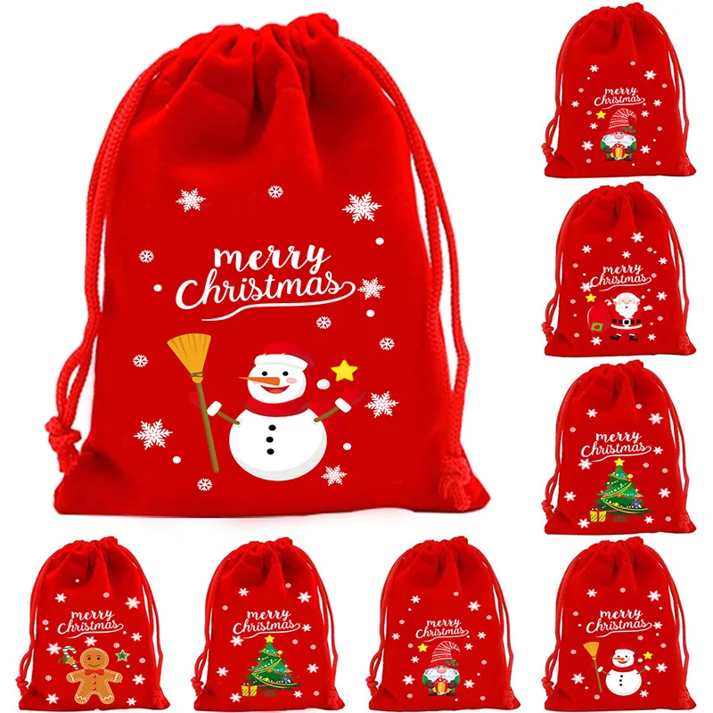 StoBag 50pcs Wholesale Merry Christmas Velvet Gift Drawstring Bags Small Candy Storage Packaging Kids Pocket Pouch Party Favors