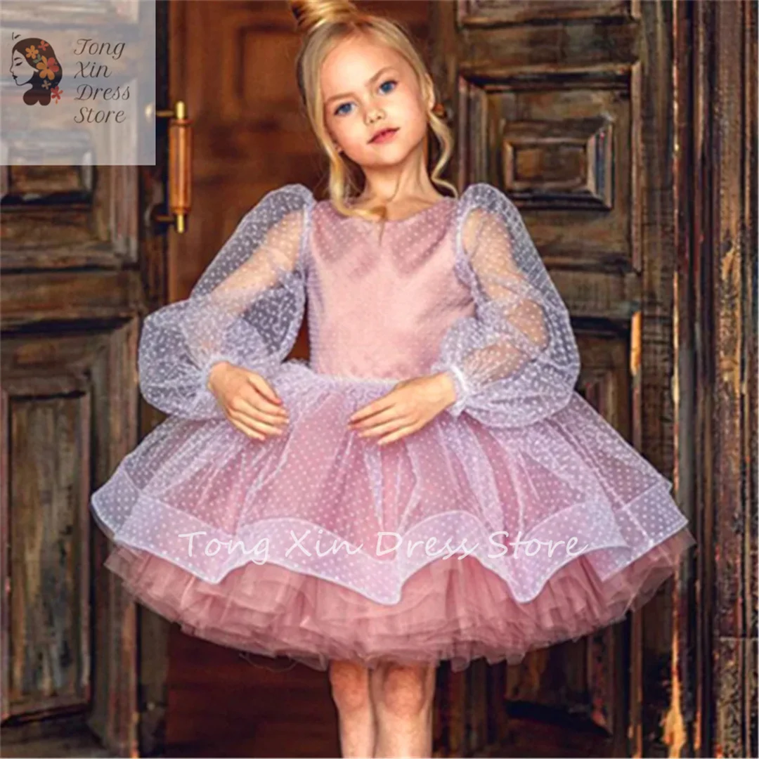 Kids Surprise Birthday Present Long Sleeved Fluffy Tulle Lace Lovely Flower Girl Dress Princess Ball First Communion Dresses