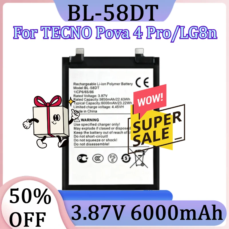 

For TECNO Pova 4 Pro/LG8n Mobile Phone Battery New BL-58DT 3.87V 6000mAh High Quality Battery