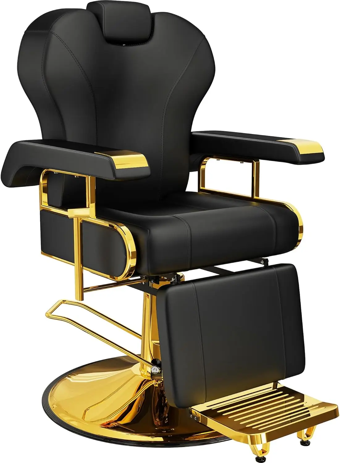 Cadeira de salão reclinável profissional com encosto ajustável, elegante cadeira de barbeiro, Heavy Duty Steel Frame, preto e dourado