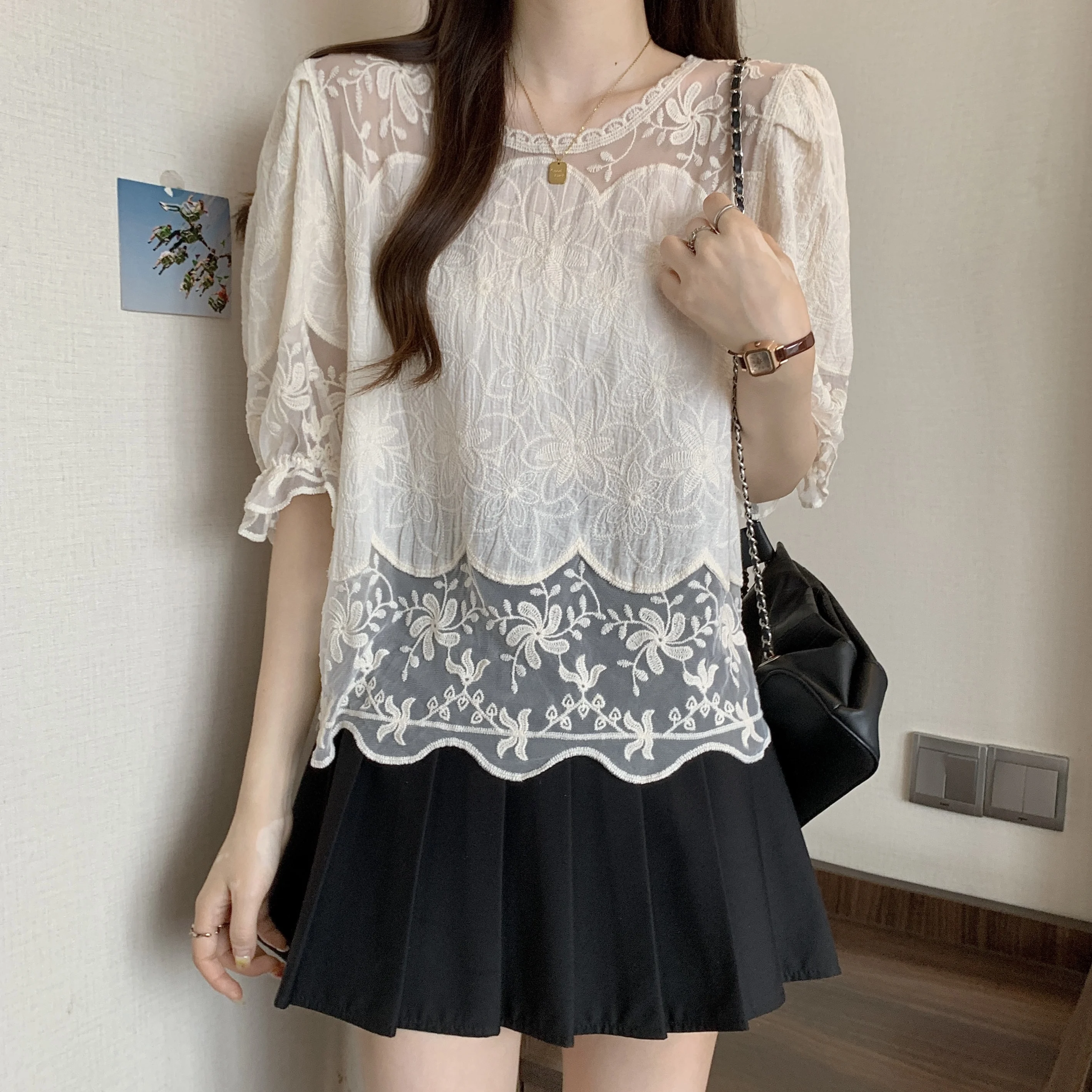 Sheer Floral Embroidery Lace Top Puff Sleeve Blouse for Women Spring Summer Korean Fashion Chic Outfit