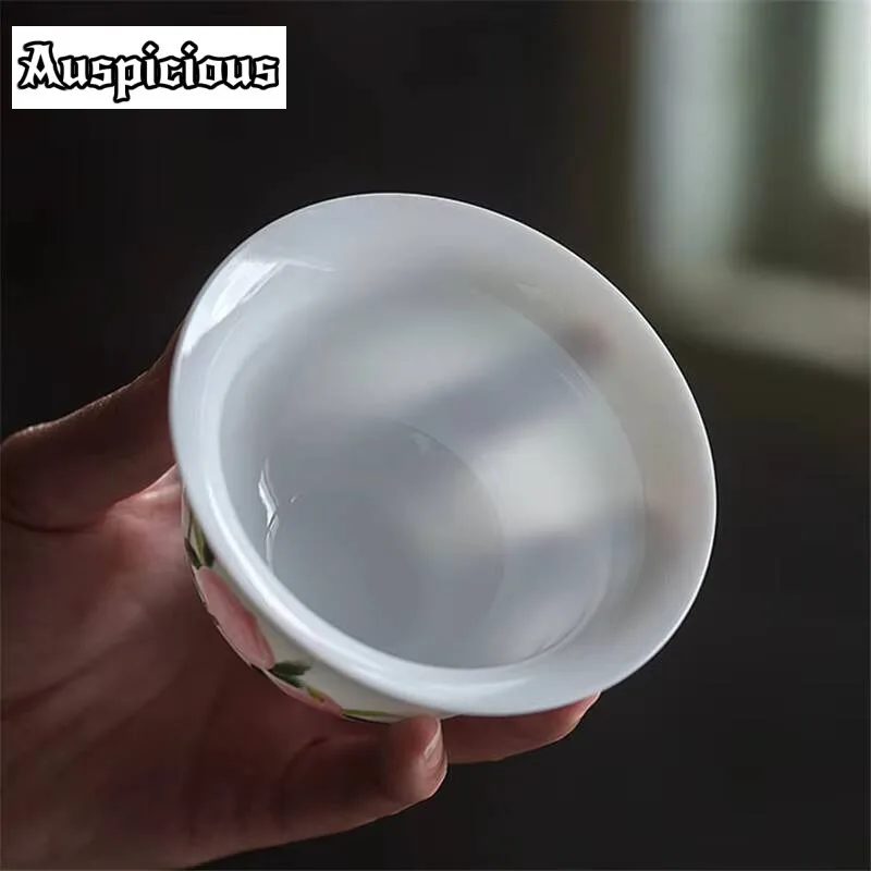 160ml Hand Painted Peach Tea Tureen White Jade Porcelain Wish Longevity GaiWan Ceramic Bowl With Lid Sancai Da Hong Pao Tea Cup