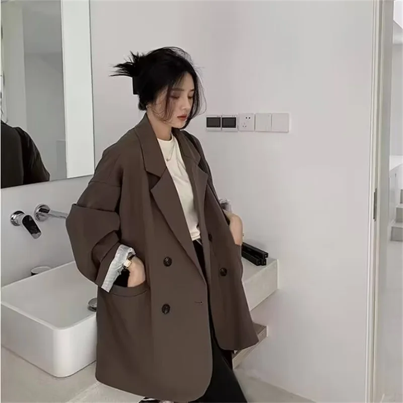 Nieuwe 2025 Vintage Losse Vrouwen Effen Blazer Herfst Chic Double Breasted Vrouwelijke Lange Mouw Jassen Stijlvolle Dames Blazer