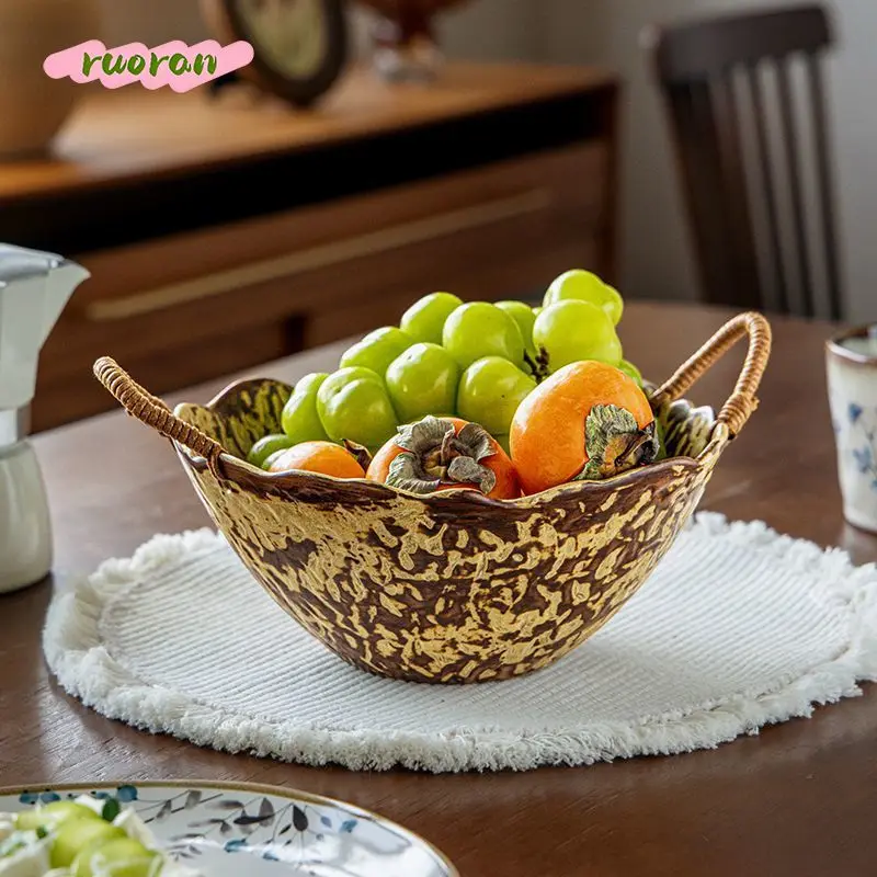 Handmade Rustic Coarse Ceramic Bowl with Rope Handles Two Ears for Fruits Nuts Home Decor Homestay Feature