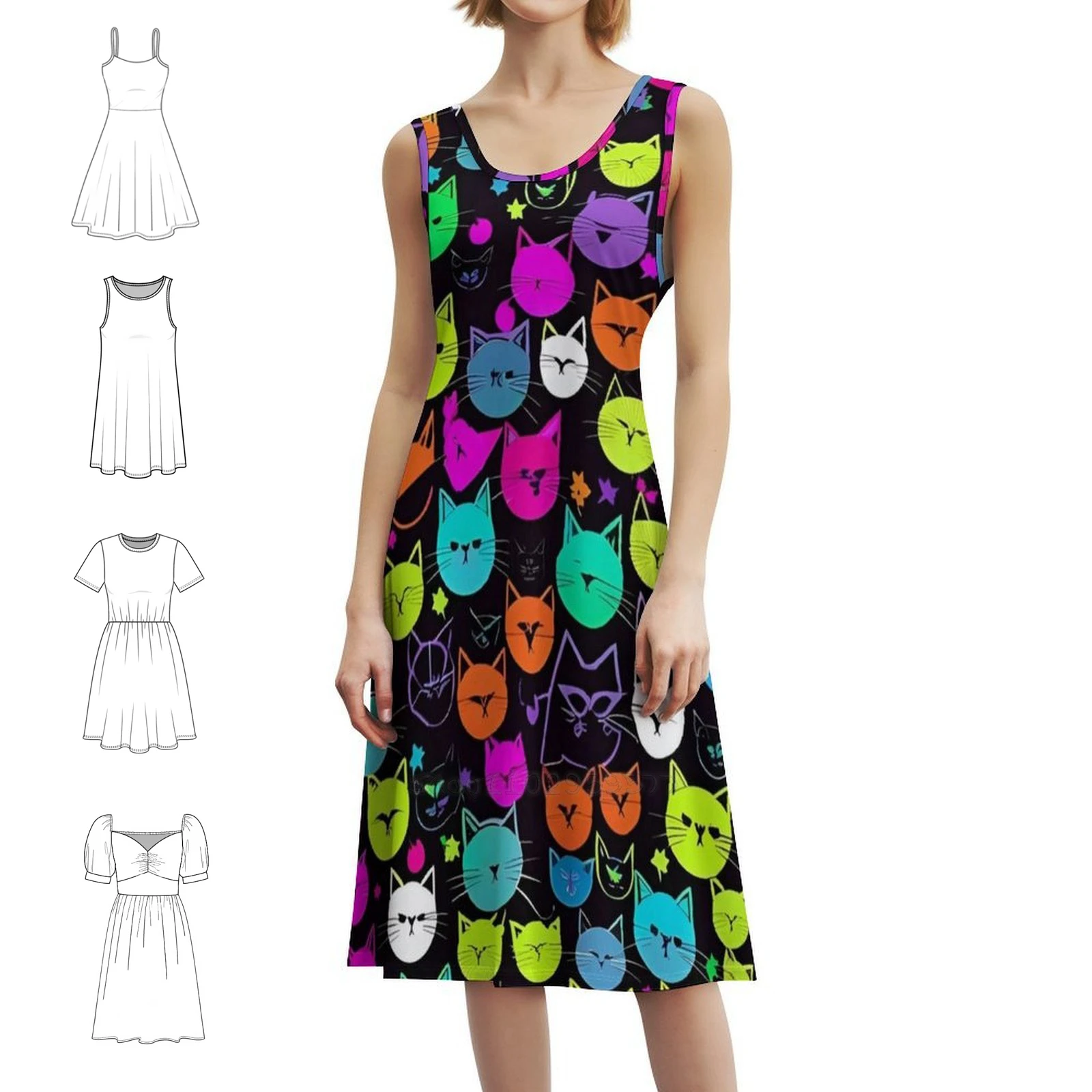 

Cute Neon Cat Pattern Sweetheart Neckline Dress Elegant Summer Party Dress For Women Cute Cat Pattern Colorful Cat Neon Cat