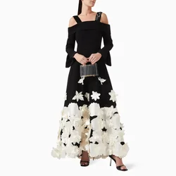 Customized Black Luxurious Off Shoulder Strapless Women's Evening Dresses Appliques A-line Long Sleeve Party Dresses For Special