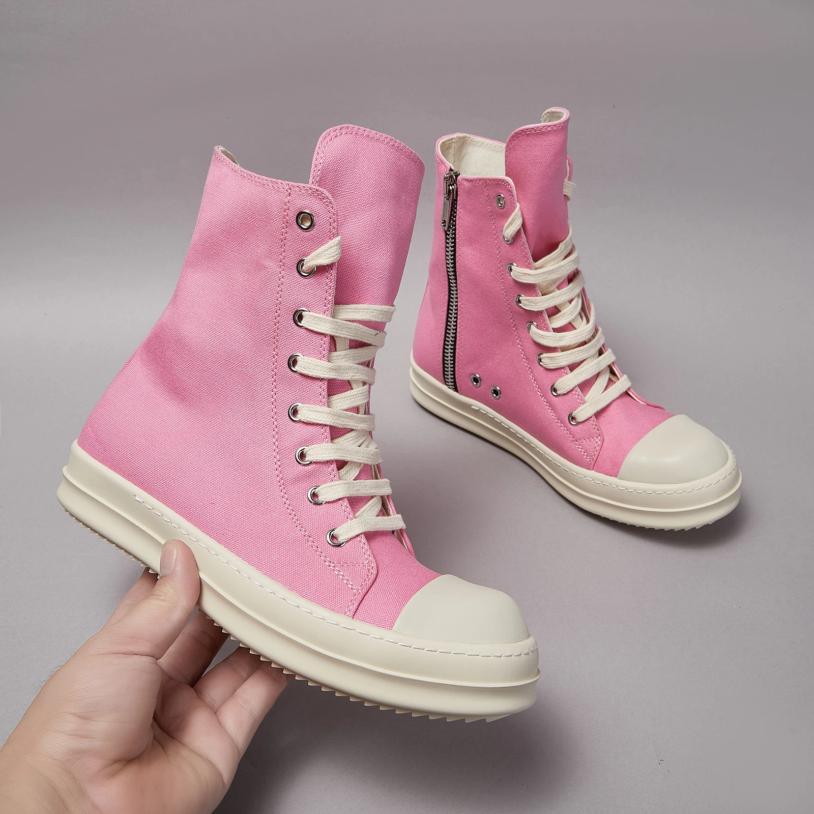 Brand Women Sneaker Casual Men Shoe High Top ow-en Quality Pink Ankle Boot Designer Zip Lace Up Canvas Thick Sole Flat Shoe