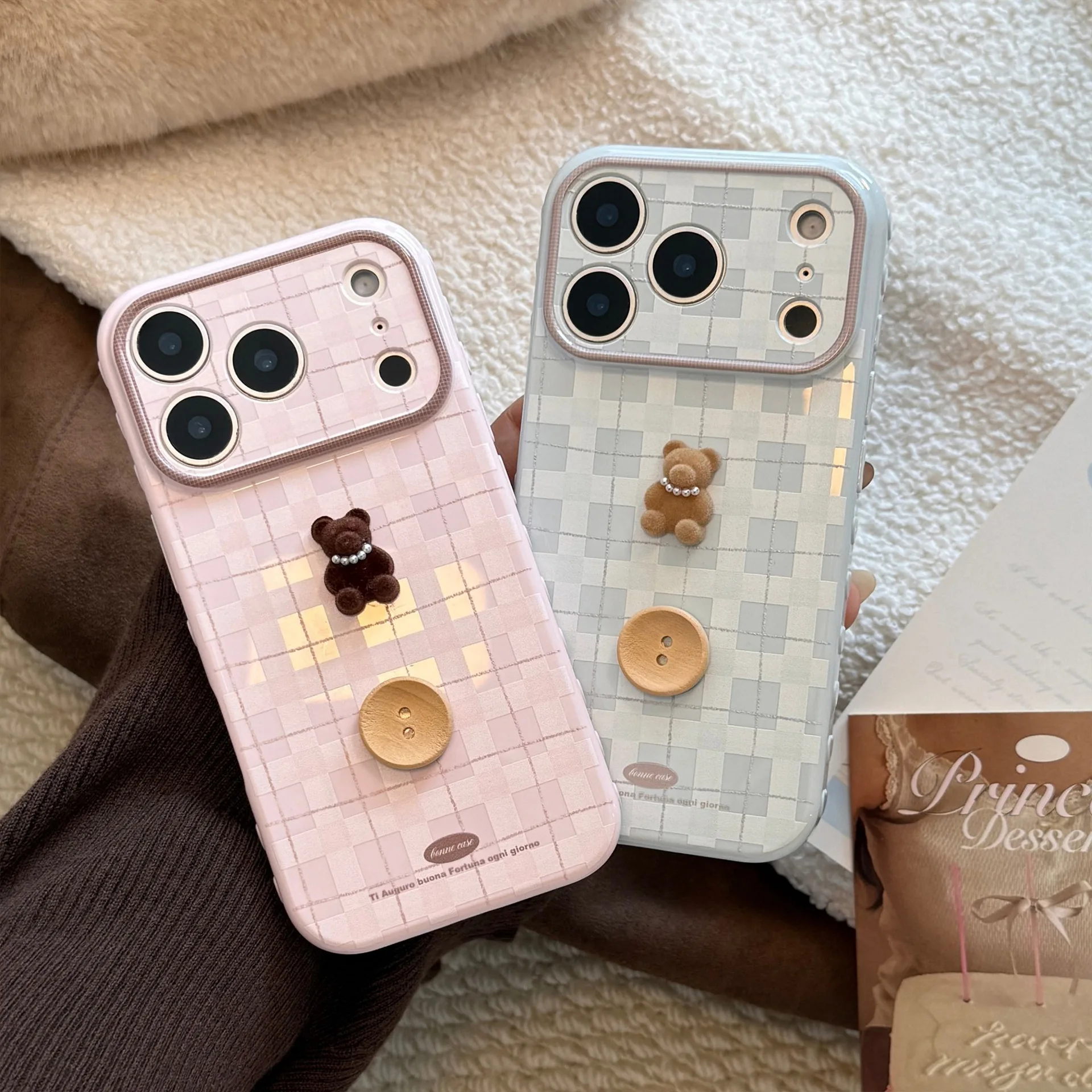 Korean Plaid 3D Cartoon Pearl Bear Button Phone Case With Bracelet For iPhone 17 16 15 14 13 11 12 Pro Max Shockproof Soft Cover view 5