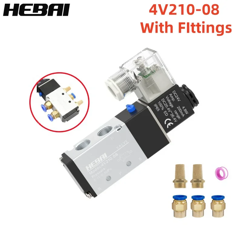 

HEBAI Pneumatic Solenoid Valve with fittings 5 Way 2 Position Control Air Gas Magnetic 4V210-08 12V 24V 110V 220V Coil Volt