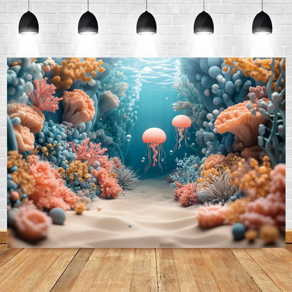 Underwater World Backdrop Photography Ocean Undersea Jellyfish Coral Little Mermaid Girls Birthday Party Decoration Background