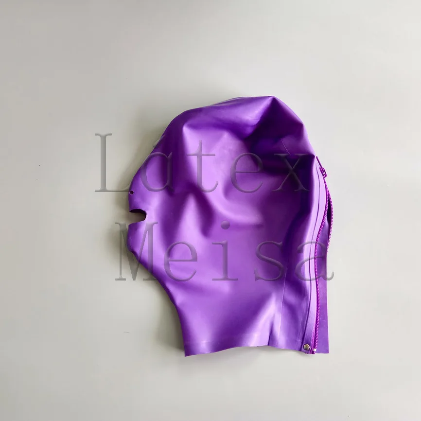 

Latex masks rubber hoods open mouth and nostril in purple color with back zip