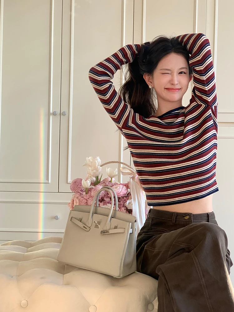 Coreano sle longo sve malha topo ort oulder bared fino ajuste jovem olhando interior wear feminino faion listrado cor blo