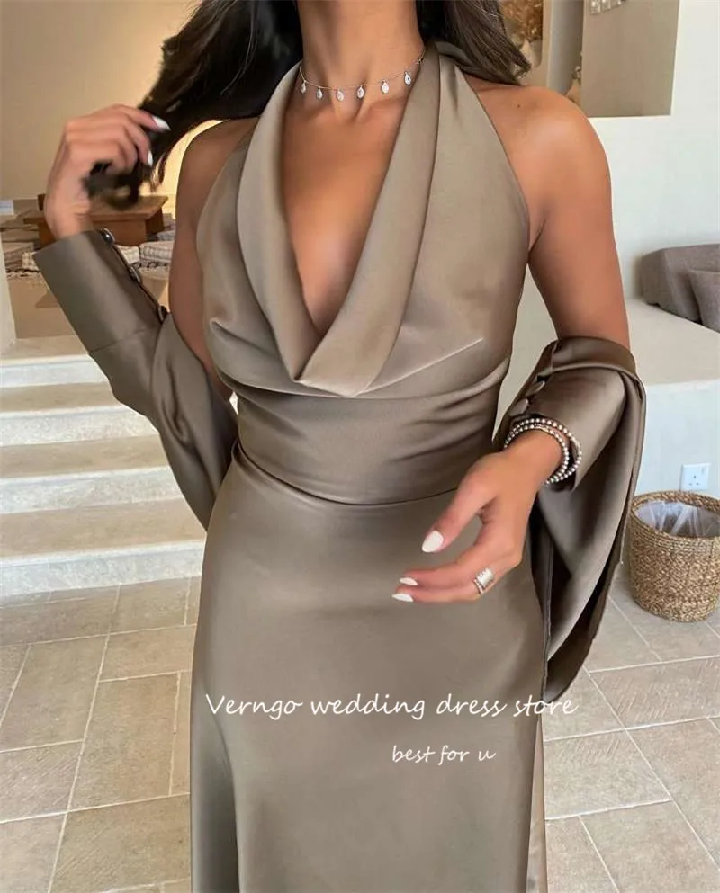 Verngo 2023 Brown Satin Saudi Arabic Evening Party Dresses Long Jacket Halter Backless Prom Dress Formal Occasion Simple Gowns