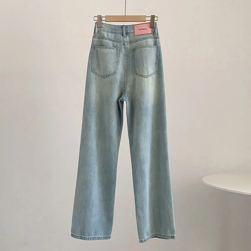 

Pink Design Leather Straight jeans female niche net red high waist loose casual wide legged trailing long pants summer