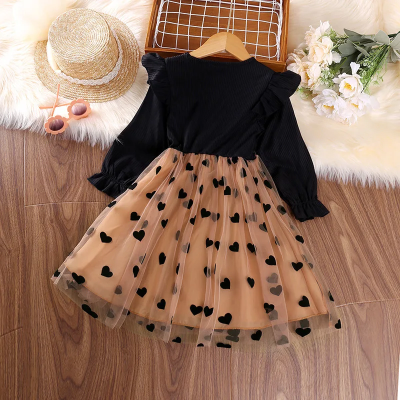 Childrens Love Mesh Princess Dress Long Sleeved Kids Dress