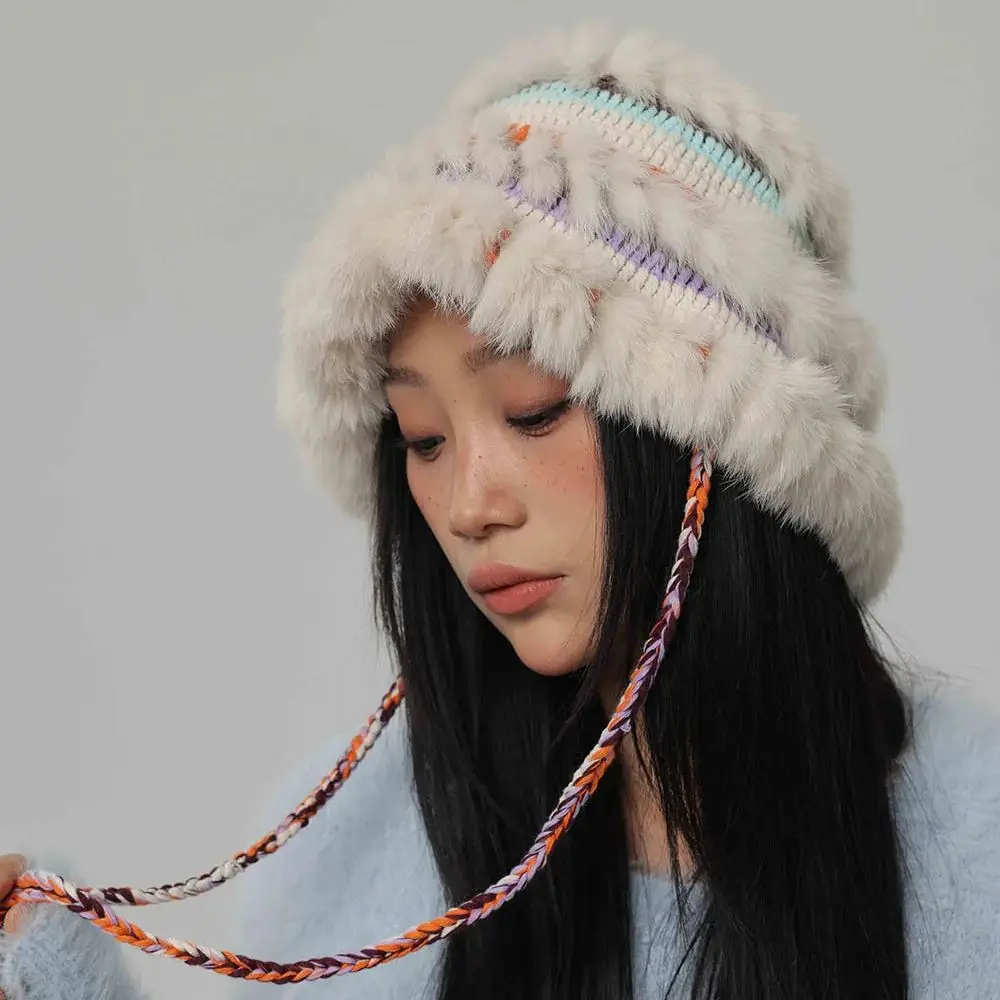 

Stripecony шапка с крючком для волос FUR Женская зимняя утолщенная теплая вязаная шерстяная шапка Холодная шапка с большой головкой и ушками