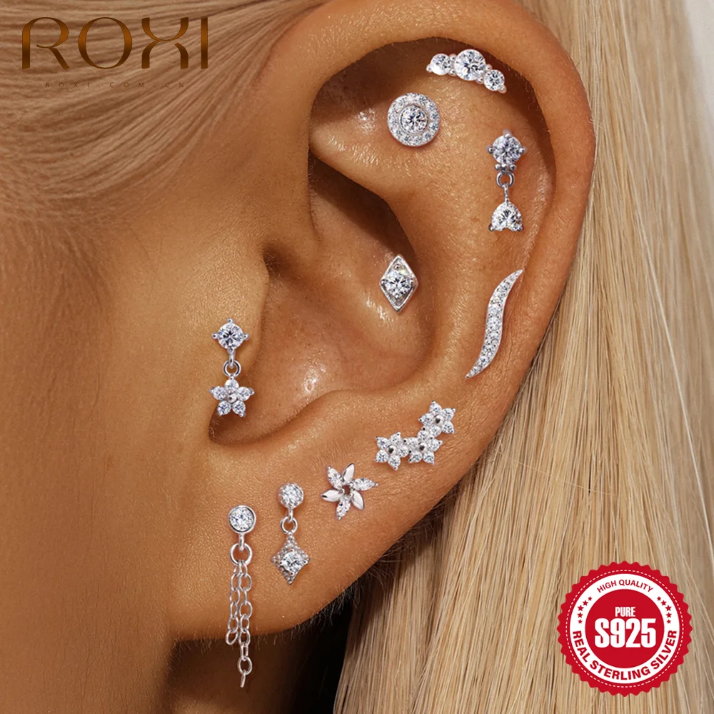 ROXI Moissanite 925 Sterling Silver Geometric Tassel for Women Piercing Earring Flat Back Stud Helix Flower Pendant Fine Jewelry view 2