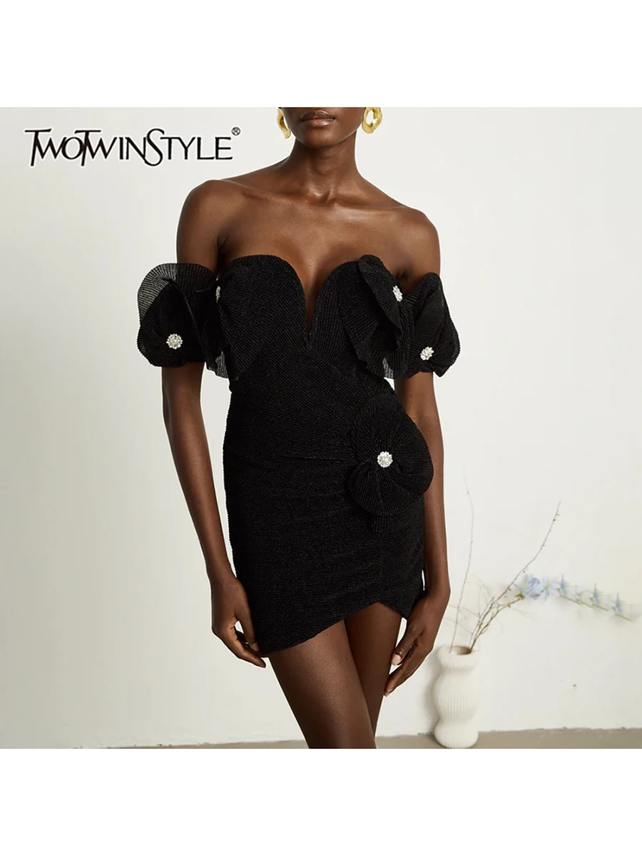 

TWOTWINSTYLE Solid Spliced Diamonds Slimming Dress For Women Slash Nevck Shoulder Cuff Mini Dress Female New Fashion Style New