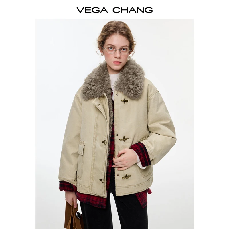 Vega Chang Novo estilo de inverno com fivela de avião de metal e gola de pele confortável jaqueta quente feminina