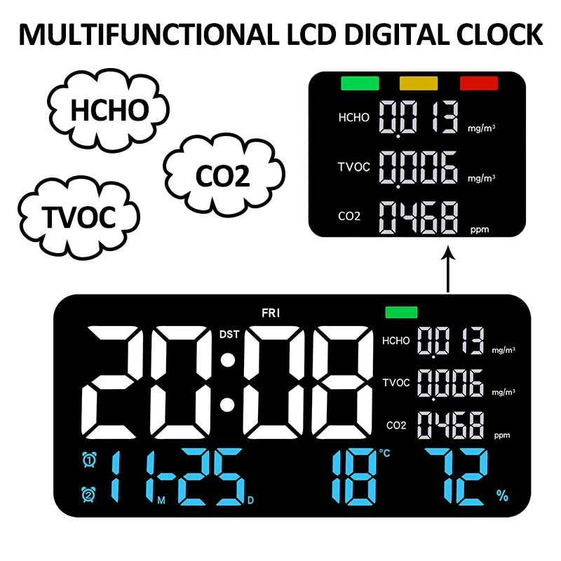 LED Digital Wall Clock Formaldehyde HCHO TVOC CO2 Clock Temperature Humidity Display LED Alarm Clock Decor for Bedroom Home