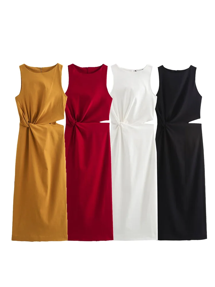 KAOPU ZA Women front draped cut-out midi dress vintage back zipper sleeveless female dresses mujer