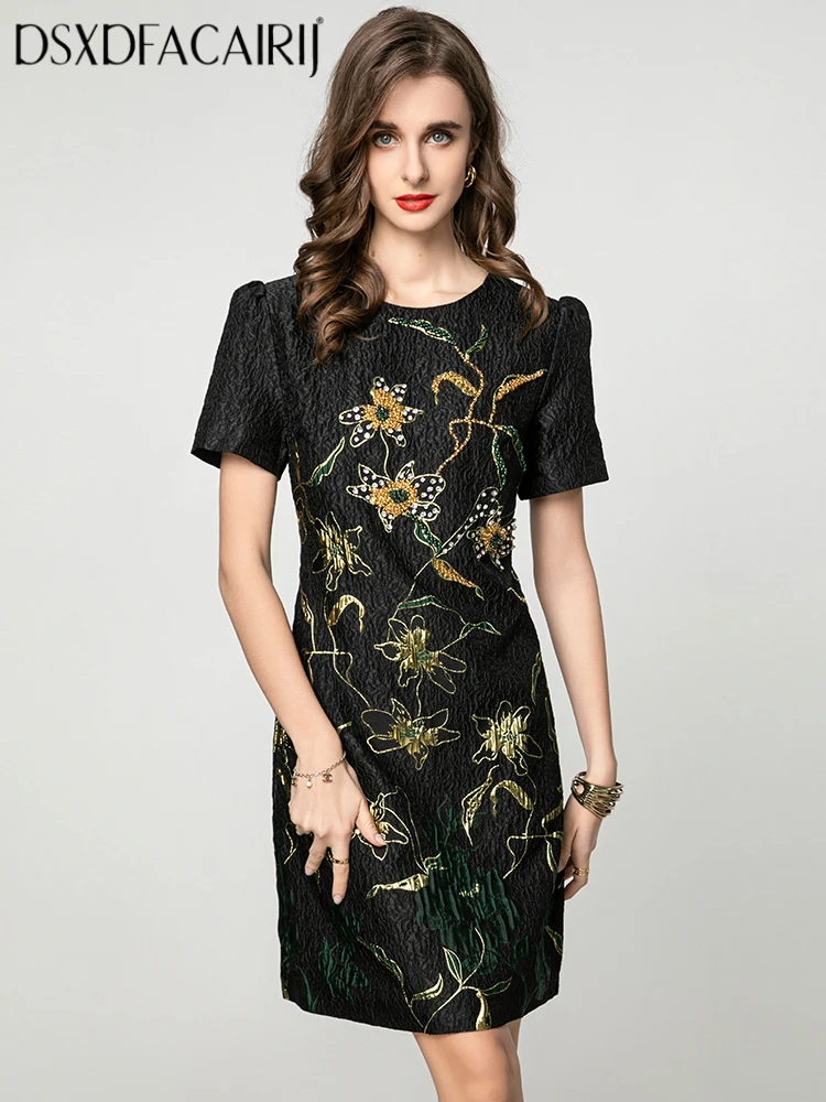 

DSXDFACAIRIJ Women's O-Neck Short Sleeve Dress Black Diamond Beading Jacquard Vintage Fashion Summer Female Clothing