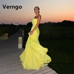 Verngo Yellow Lace Up Sleeveless Party Dress For Fornal Occasion Tiered Tulle Strapless Long Evening Dress Chiffon Prom Gown