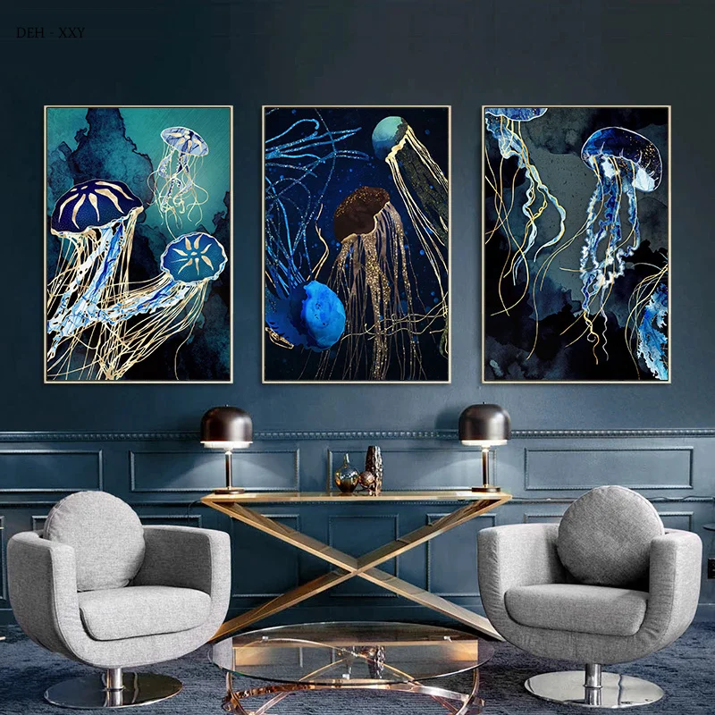 Metallic Marine Life Whale Jellyfish Octopus Stingray Canvas Painting Ocean Animals Posters Abstract Wall Art Picture Home Decor