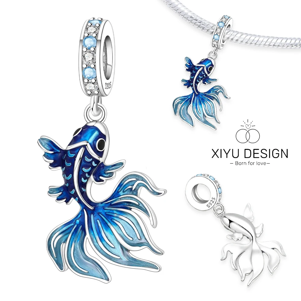 

925 Sterling Silver Blue Fish Lucky Symbol Beads Original Pendants Bracelet Charm Jewelry Party DIY Trendy Gifts