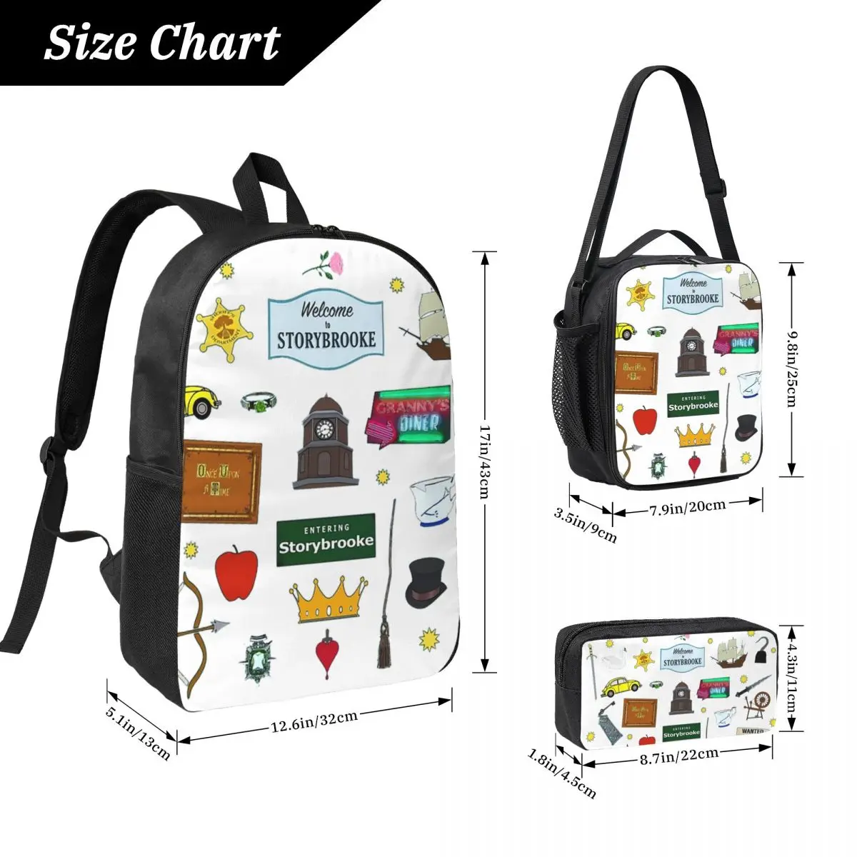 Once Upon A Time Character Symbols And Icons Backpack Student Boys Girls BookBag School Bag 3ps Insulated Lunch Bag Pencil Case